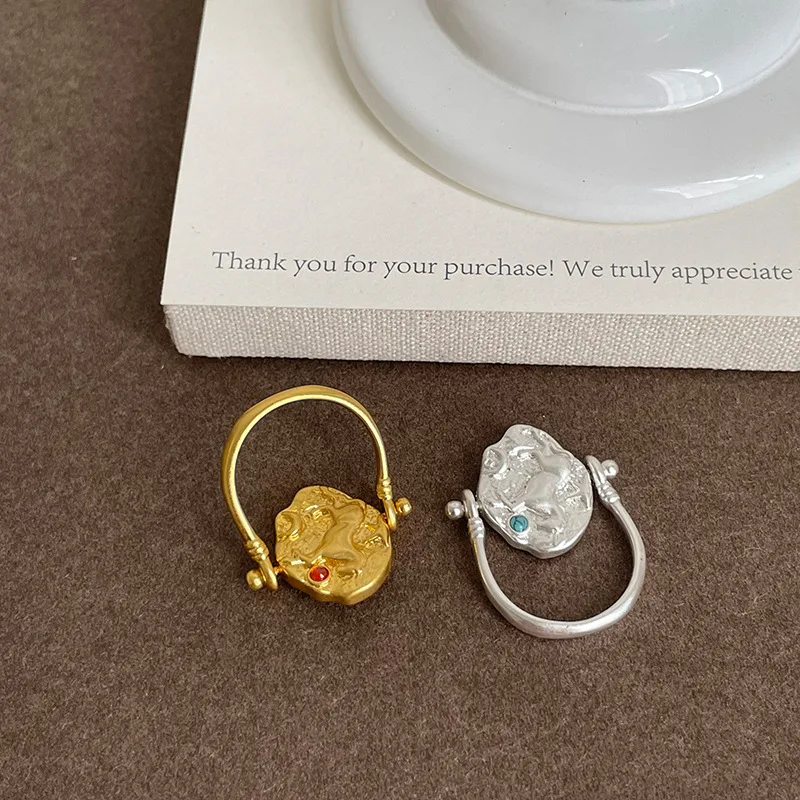 Minar Creative Irregular Letter Print Faux Pearl Reversible Relief Horse Figurine Natural Stone Kallaite Cocktail Ring for Women
