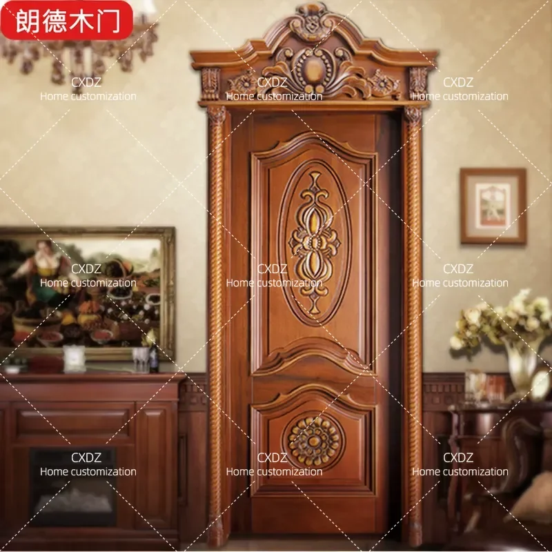 Retro Engraved Flower Multi Layer Baking Paint Indoor Flat Open Bedroom Classical European Style Wire Solid Wood Door Set