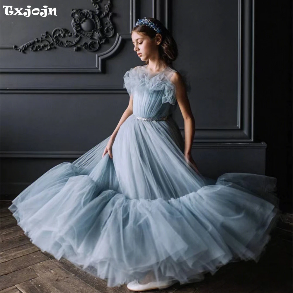 Hot Sale Graceful Blue Girls A-line Tulle Long Evening Dress Classic Ruffles Pleat Sleeveless Princess Gown For Host Catwalk