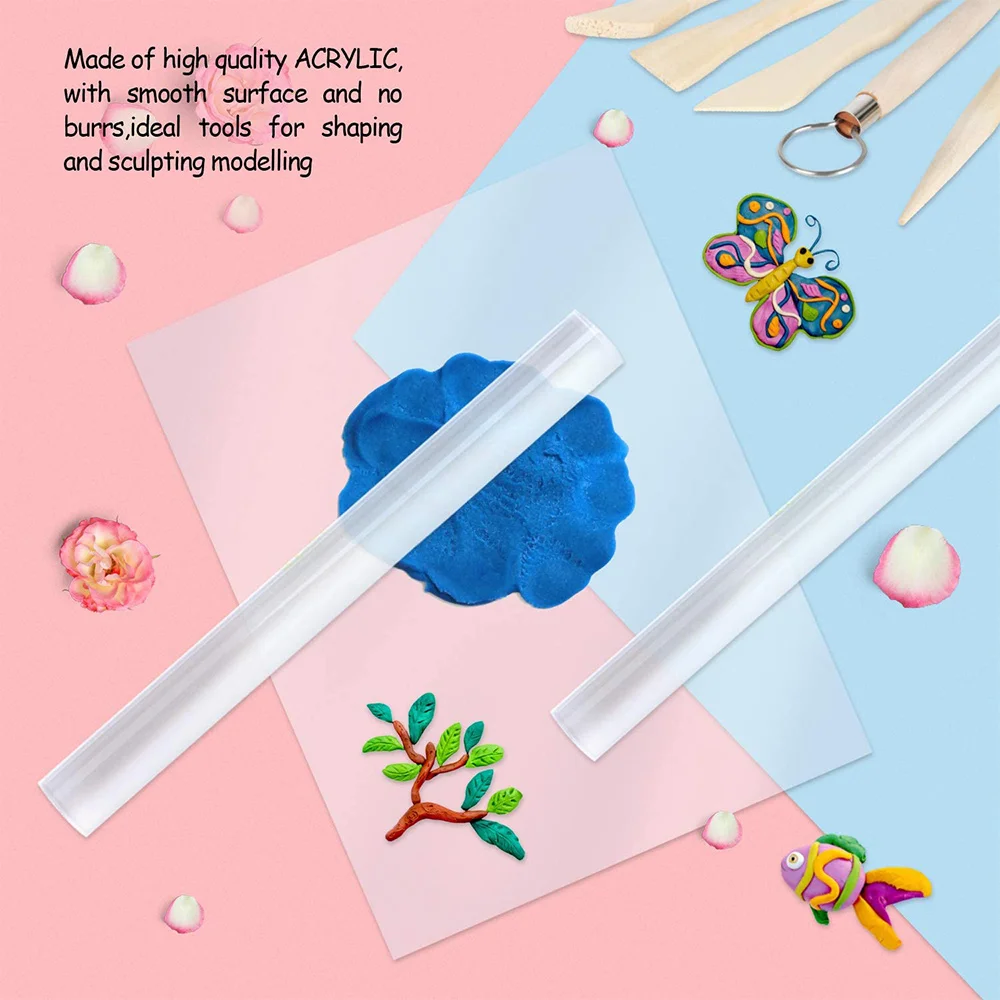 2PCS Acrylic Clay Rollers With 4PCS Acrylic Sheet Backing Boards, Craft Tools Kit For DIY Crafting Shaping And Sculpting
