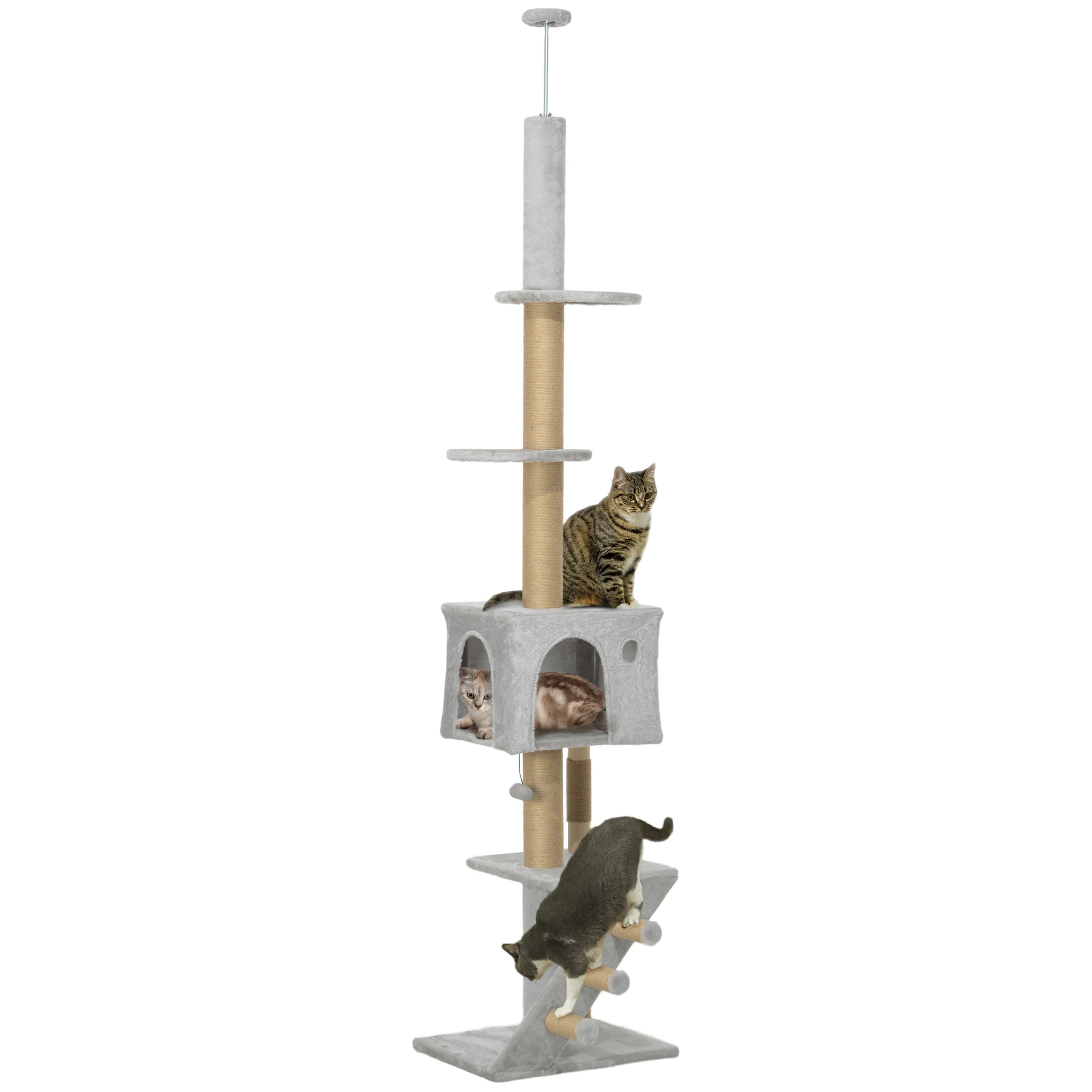 225-265 cm Floor-to-Roof Cat Tree PawHut with Light Grey Staircase