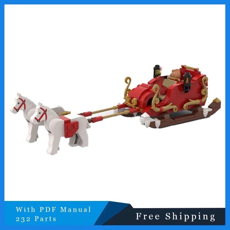 

232 шт., белая лошадь, креативные красные сани, технология, модульный MOC, строительный блок, детская сборная головоломка, Рождественский подарок, образовательная игрушка