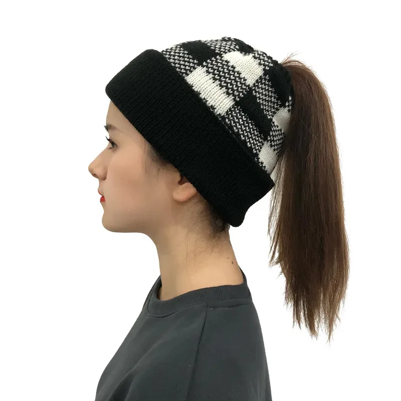 1 pc New Women Autumn Winter Ponytail Beanie Hat Grid Lady Stretch Knitted Crochet Beanies Hat Cap With Ponytail Hole