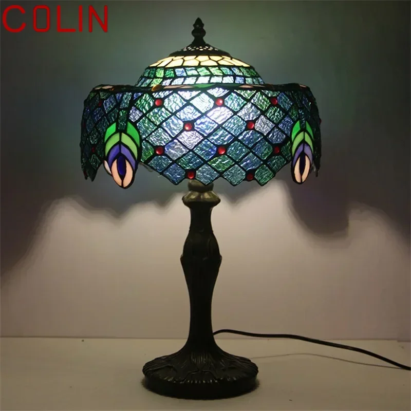 COLIN Tiffany โคมไฟตั้งโต๊ะ LED Vintage Creative Glass โคมไฟตั้งโต๊ะแฟชั่นสําหรับห้องนั่งเล่นห้องนอนตกแต่งข้างเตียง