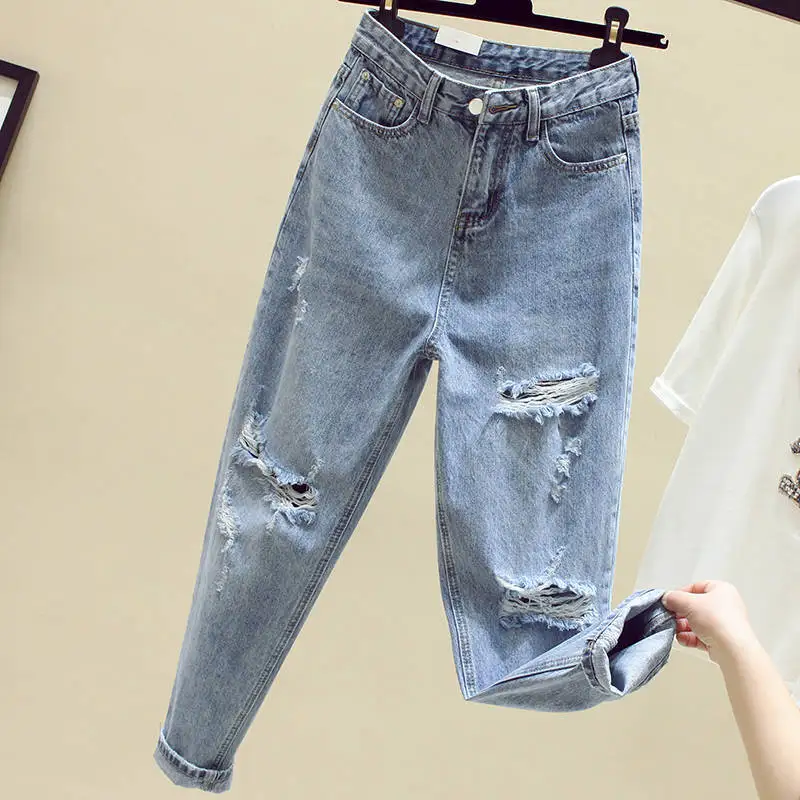 

Summer Women's Faion Jeans High Waist Casual Denim Pants Hole Design Spring Summer Trendy Blue Color Nine-Piece Trousers
