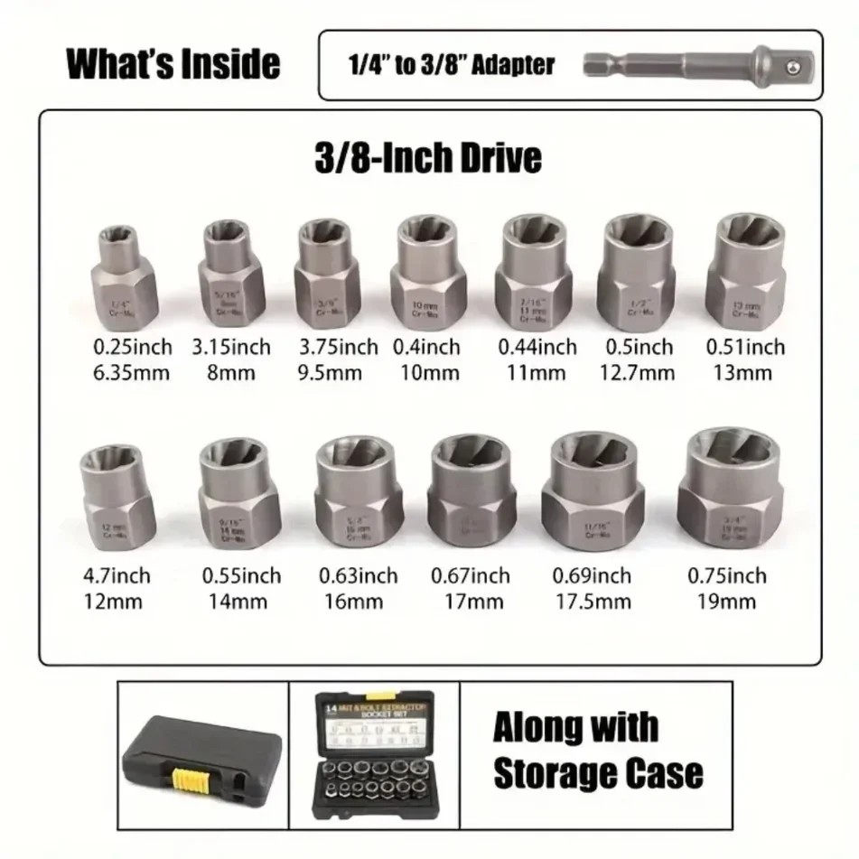 14 Pieces Damaged Bolt Removal Tool Impact Bolt Nut Remover Set Alloy Damaged Bolt Nut Remover Extractor Socket Repair Tool Kit