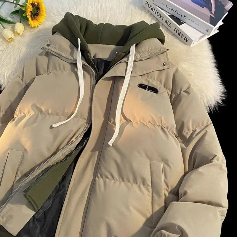 

Women Thickening Hooded Fake Two Piece Cotton Padded Coat Autumn Winter Zipper Contrast Color Jacket Streetwear Unisex Outwear
