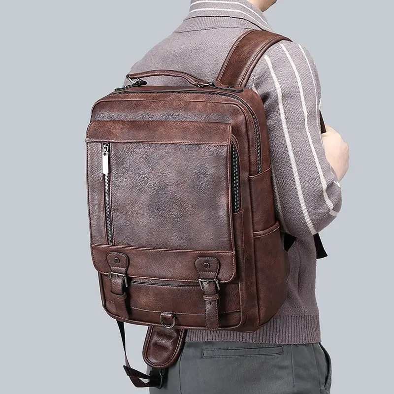 Pu Leather Travel Casual Business Schoolbag Backpack Book Bag Men