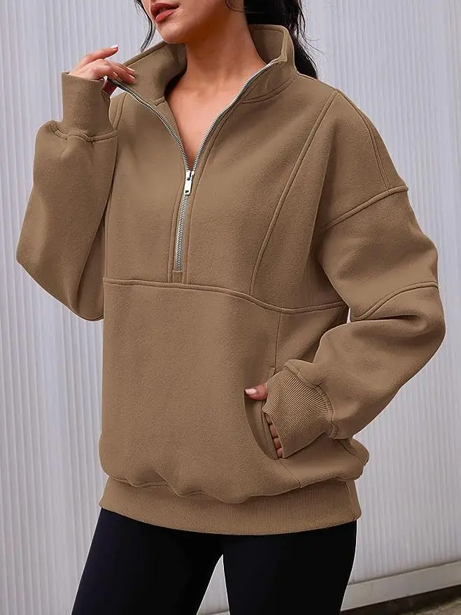 Stand Collar Casual Sweatshirts Half Zip Women Cropped Pullover Thumb Hole Overzised Hoodie Solid Color Plus Size Sports Outfit