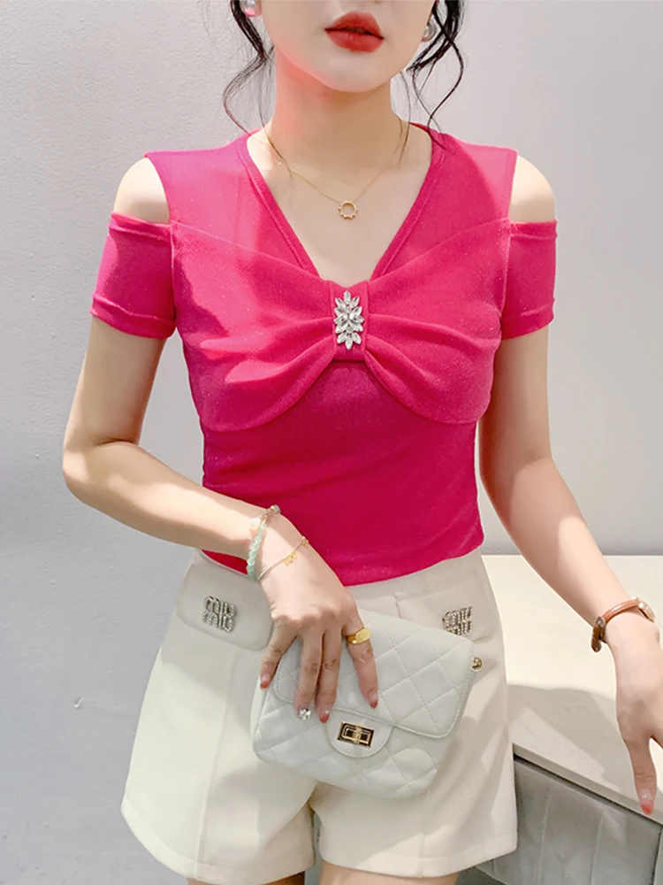 Cseta Sexy con cuello en V y hombros descubiertos para mujer, cseta de manga corta a la moda de verano con Nudo de mari...