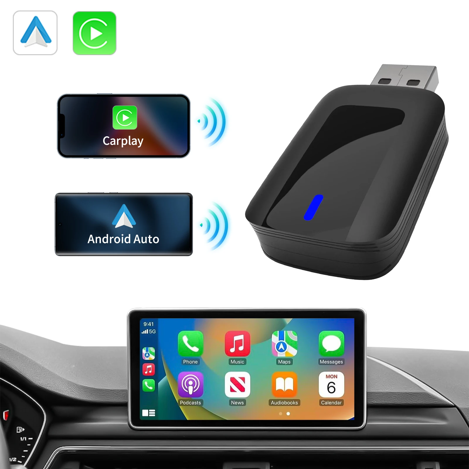 Adaptador Auto Android sem fio CarPlay, Smart Mini AI Box, Plug and Play, WiFi, conexão rápida, Universal para Nissan, 2in 1, Novo