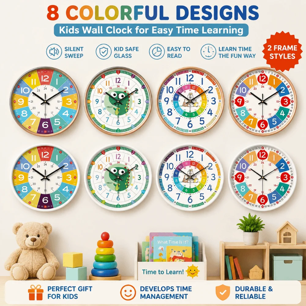 Educational Silent Teaching Wall Clock Analog Round Kids Learning Clock Cartoon Wall Decor Quartz Wall Clock Kitchen