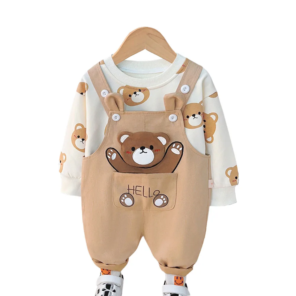 2PCS Kids Clothes 2024 Spring Autumn Unisex Boys Girls Casual Cartoon Pullover Long Sleeve Hoodies and Overalls Outfits Baby Set