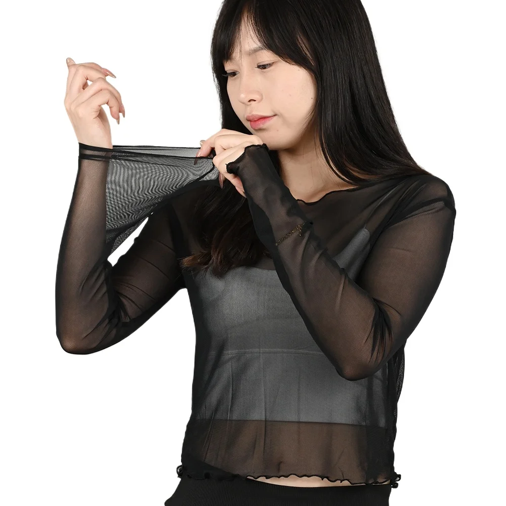 夏の女性の日焼け止め Tシャツ女の子セクシーな黒メッシュ長袖トップス Famale アイスシルク透明薄手のボトムブラウスシャツ