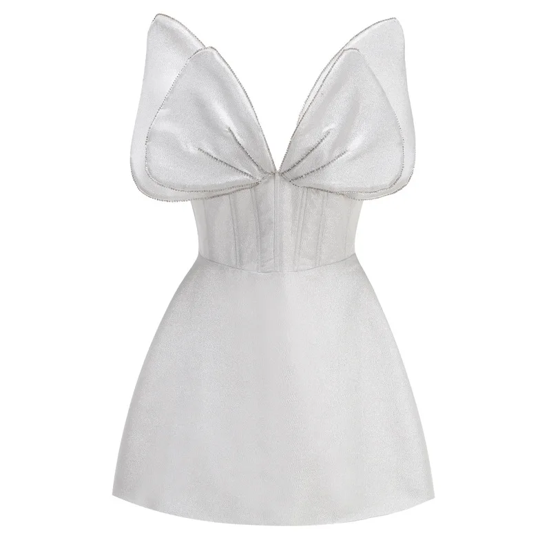 

Women Luxury Bright Silver Bowtie A Line Mini Party Dress Strapless Diamonds Celebrity Evening Birthiday One Piece Gala Dresses