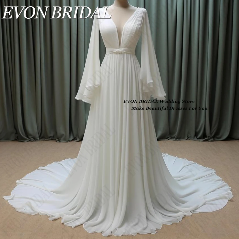 EVON BRIDAL 보호 플러스 사이즈 웨딩 드레스, 쉬폰 플레어 슬리브, A 라인 스윕 트레인 신부 원피스 백 레이스업