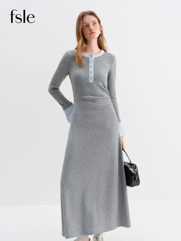 FSLE 2025 Winter Women Color Block Round Neck Paneled Dress Slimming Waist Design - Elegant Long Maxi Dress for Casual