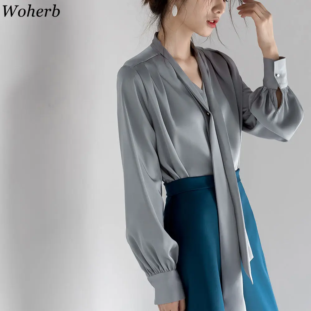 Woherb Office Lady Casual Blouse Temperament Shirts Women Bow Bandage Chic Long Sleeve Ins Fashion Tops  Elegant Blusas