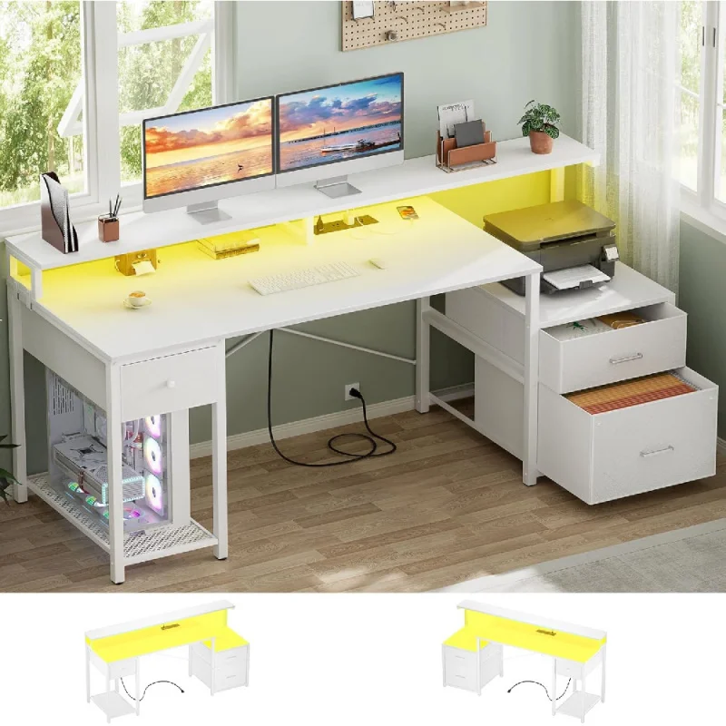 

Computer Desk with 3 Drawers, Home Office Desk with File Drawer & Power Outlet, 59'' Gaming Desk with Led Lights, Long Work