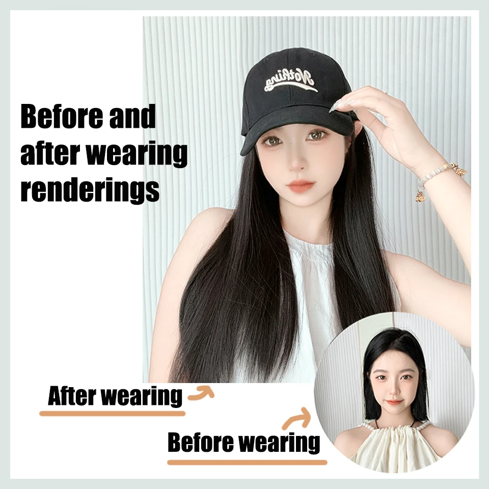 Synthetic Long Straight Hair Wig Hats Integrated Female Fashion Baseball Cap Straight Hair Cap Wig Hat Suitable For Daily Wear