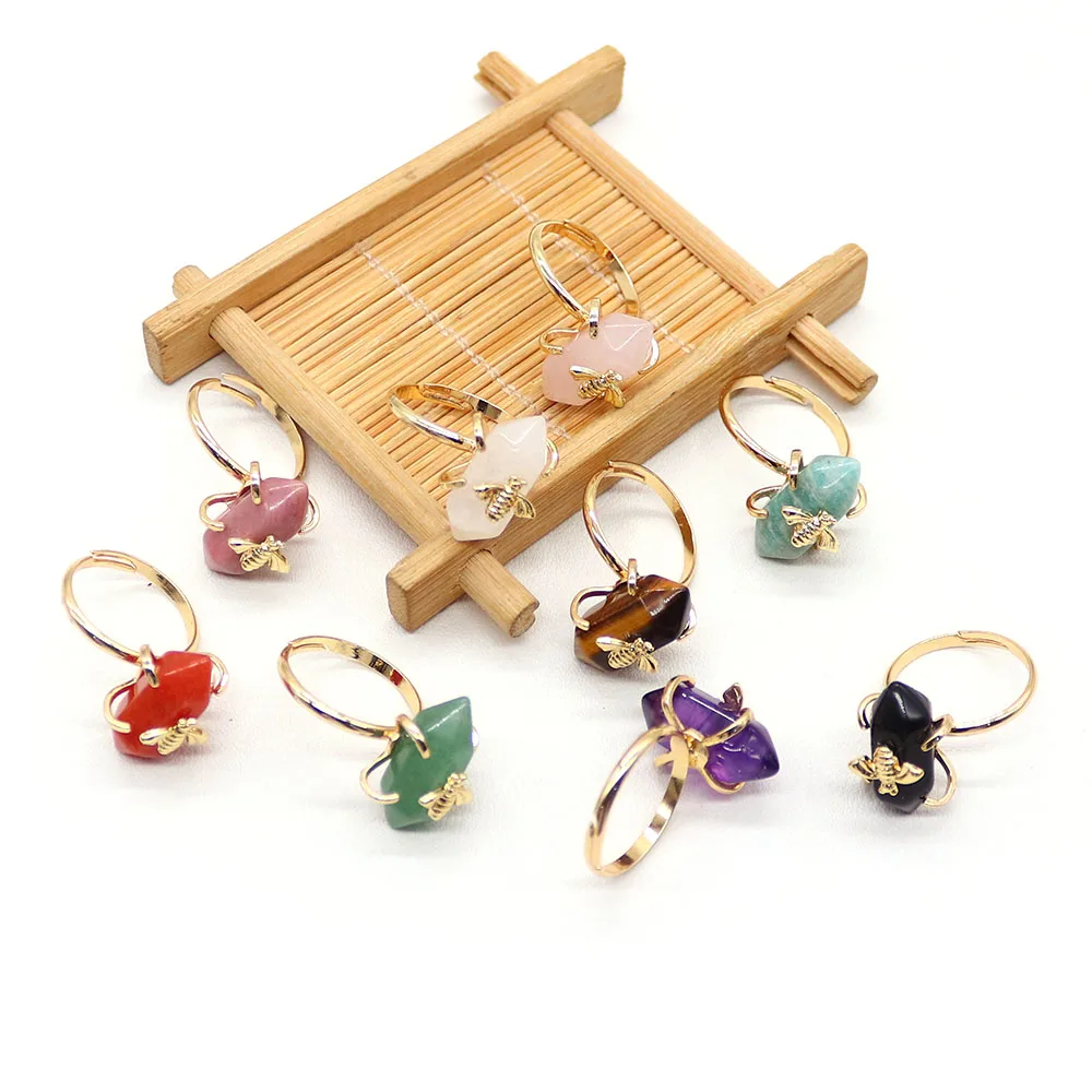 

19x30mm Irregular Natural Amethyst Stone Ring Inlaid Double-pointed Cylinders Ring for Women Girl Rings Jewelry Resizable