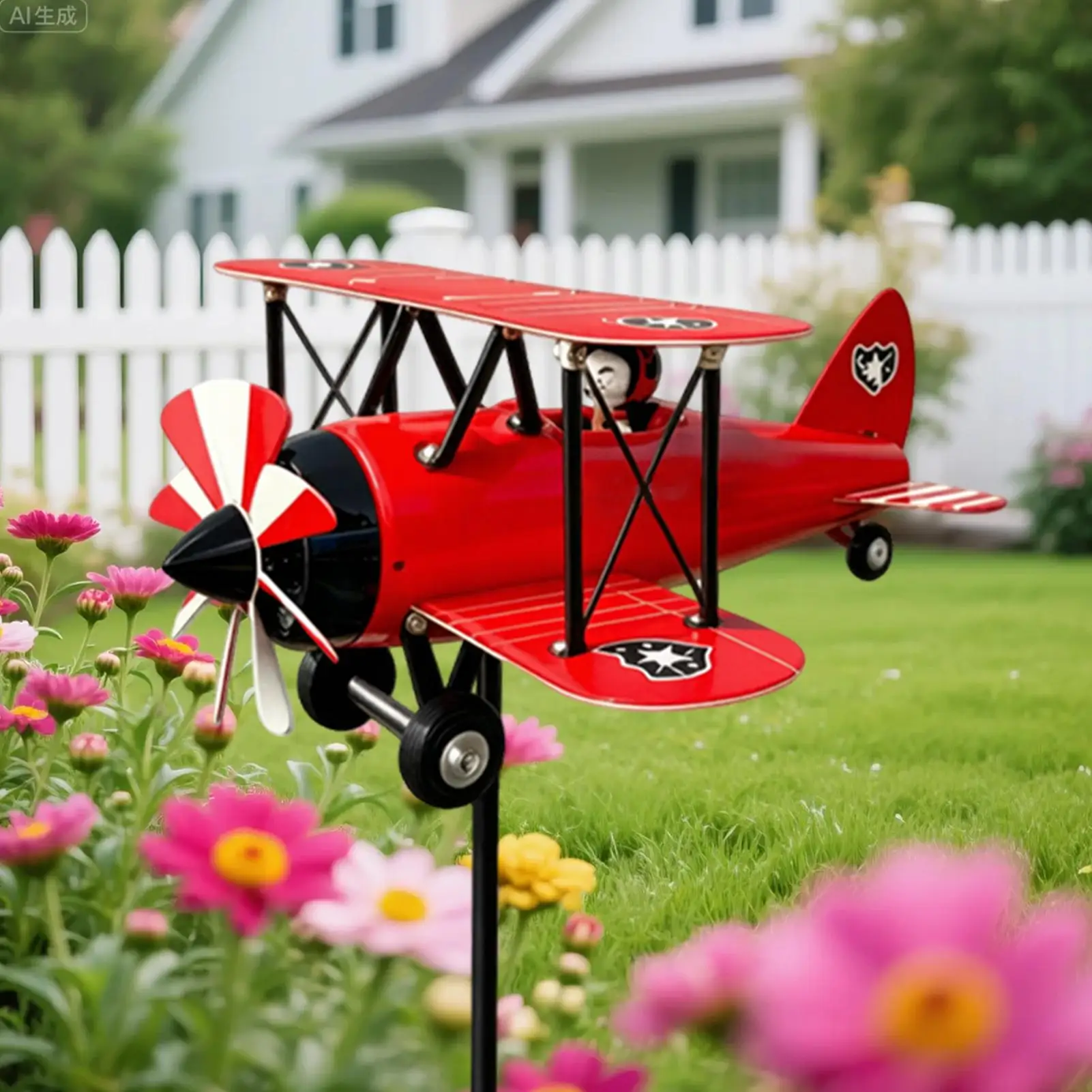 Outdoor Biplane Wind Spinners Metal Airplane Motion Wind Art Sculpture Decor For Front Yard Porch Lawn Flower Bed Holiday - view 6
