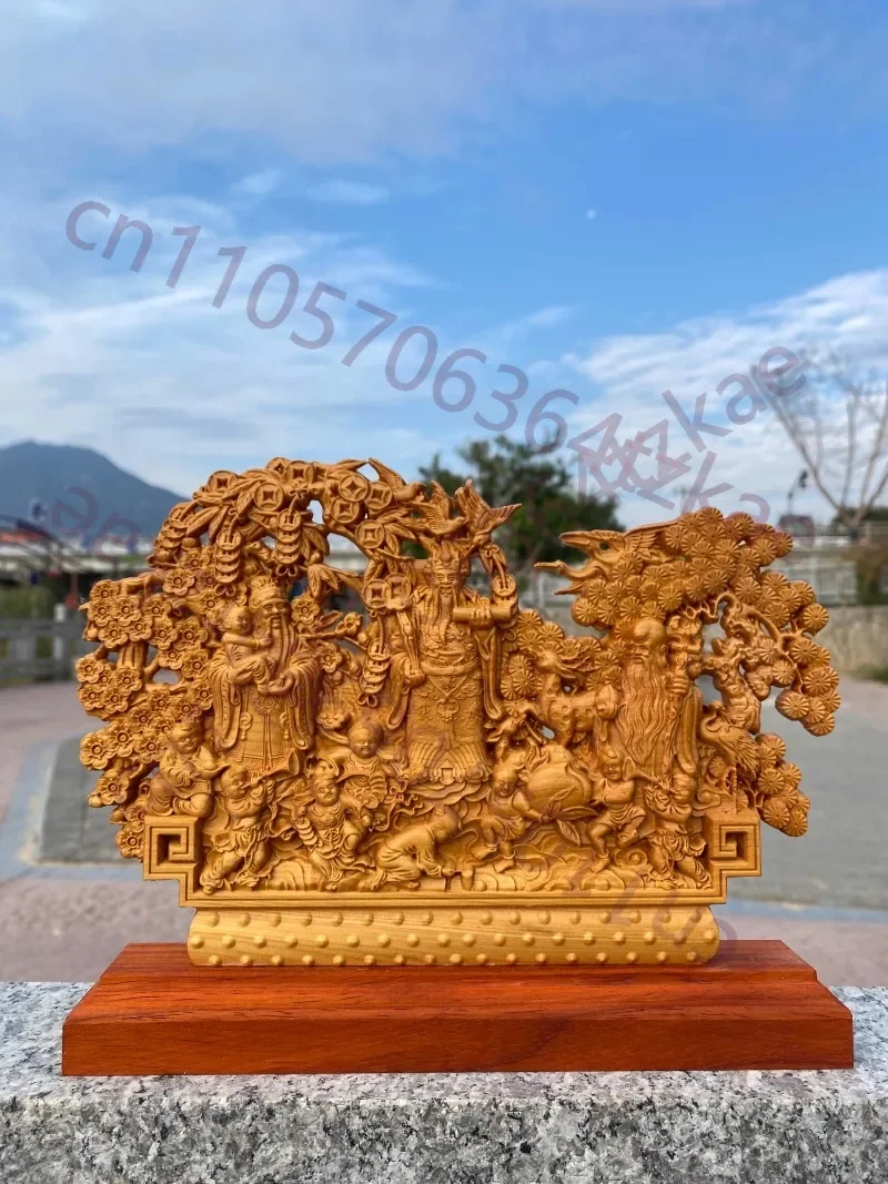 Hand Carved Taihang Cliff Cypress Wood Fu Lu Shou Statue Sculpture Scene - Prosperity Wealth Longevity Ornament Home Living Room