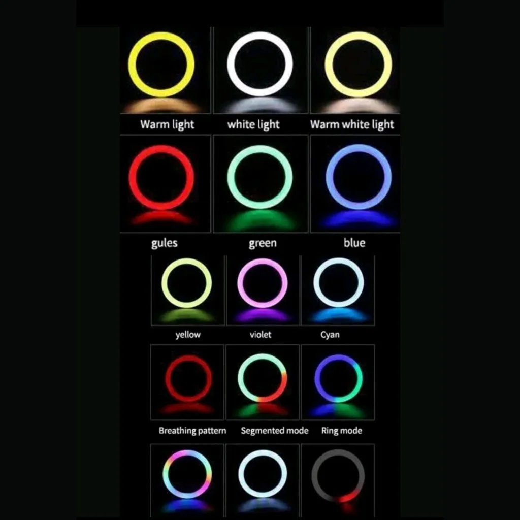 Colorido RGB LED Ring Light, 8 posições luz, 20cm