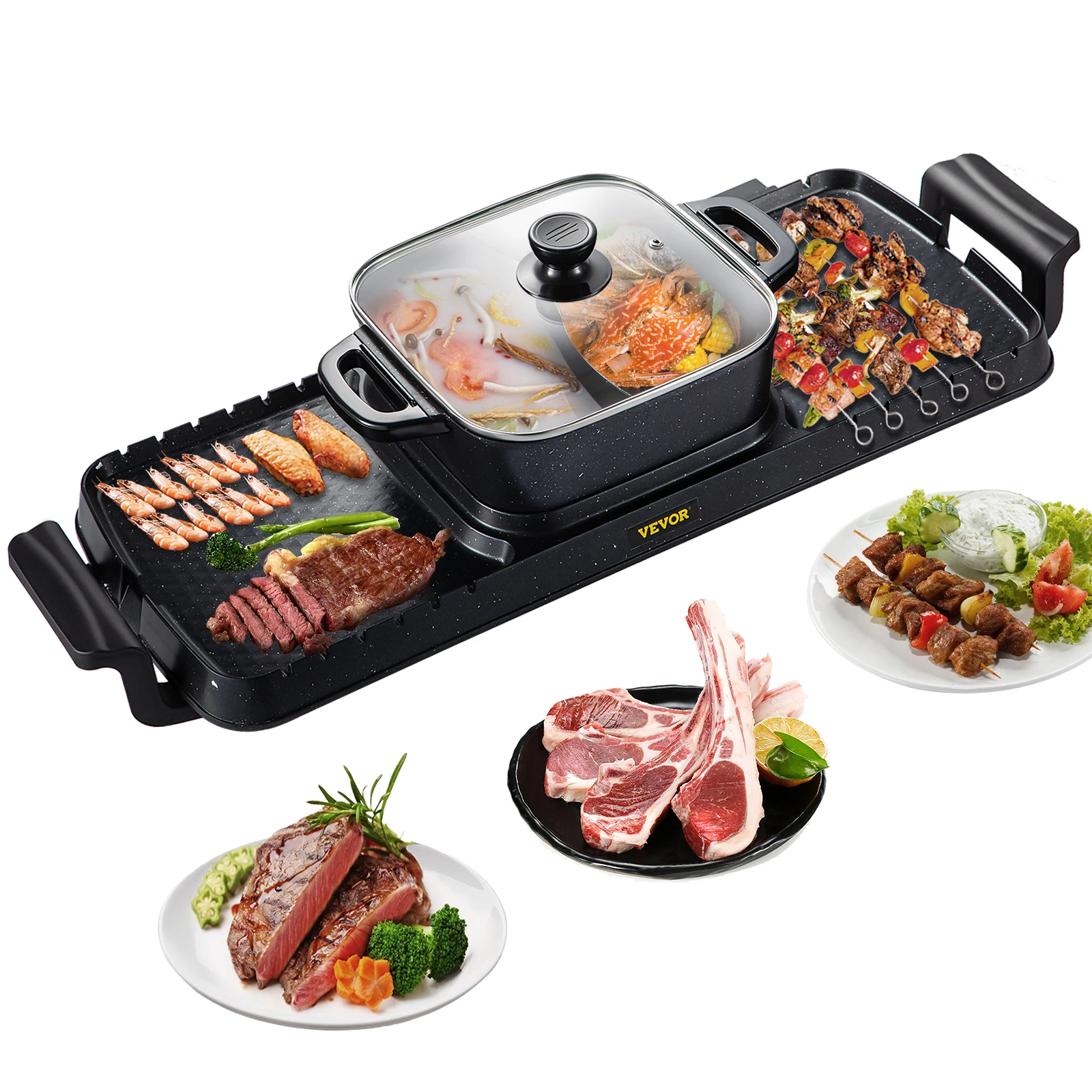 Vevor 2in1 Elektrische Bbq Pan Grill Hete Pot 2400W Multifunctionele Thuis Draagbare Rookloze Anti-Aanbak Afneembare Hete Pot Barbecue Plaat