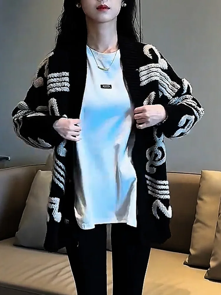 

Korean Sle Lazy Soft Knitted Open Cardigan Autumn New plus Size Faion Slimming Versatile Age Reduction Long Sve V-Ne...