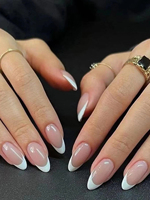 24pcs Long Almond Fake Nails White French Press on Nails Simple Full Cover Detachable Nail Tips