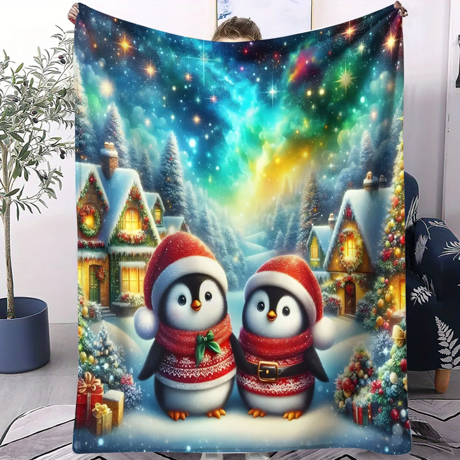 عيد الميلاد تاون البطريق بطانية ناعمة-1 قطعة شتاء احتفالي تحت عنوان رمي الصوف للأسرة أريكة ديكور المنزل الكبار الاطفال هدية دافئة