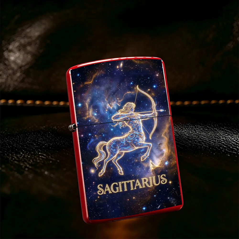 Pocket Lighter, Sagittarius Zodiac Design with Horse and Arrow Motif, Metal Case, Flip-Top Windproof, Ergonomic Grip, Adjustable Flame, for Daily Use and Gift Giving