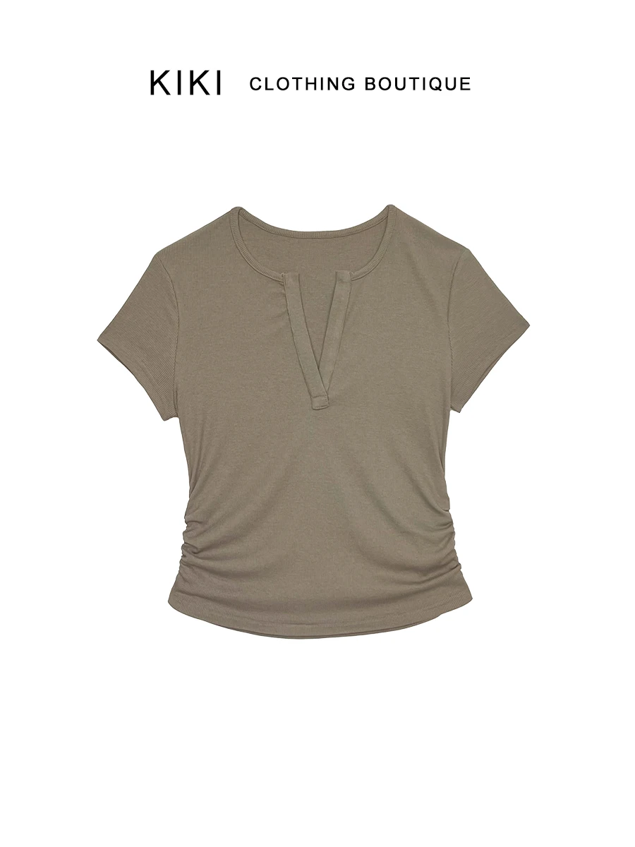 

Kiki Slim Fit V-Ne T-irt Women's Summer Casual Cotton Polyester Blend ort Sve Faionable Belted Design