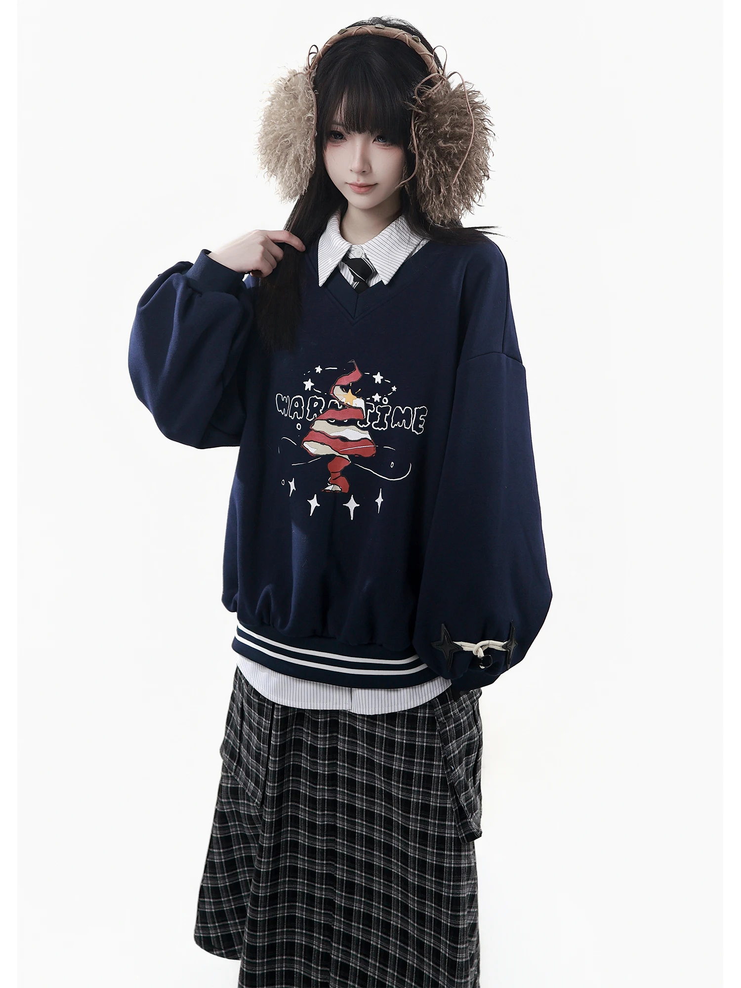 College Stil Süße Coole Mode Hose Sets Herbst Winter Neue Student Y2K Mit Kapuze Jacke Plaid Hosen Rock Langarm Shirt Set