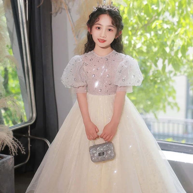 Children\'s Princess Long Skirt Fluffy Yarn Flower Girl Wedding Dress High-end Prom Christmas Easter Host Evening Dress Costume