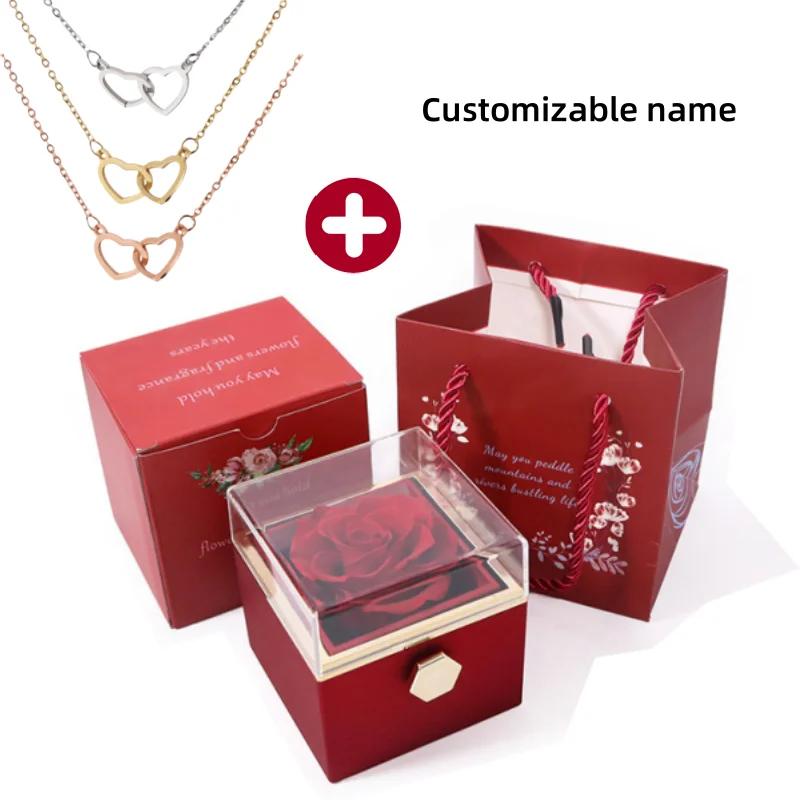 

Luxury Custom Rotating Rose Birthday Present Box and Double Heart Engraved Name Steel Necklace Valentine's Day Gift Jewelry Box