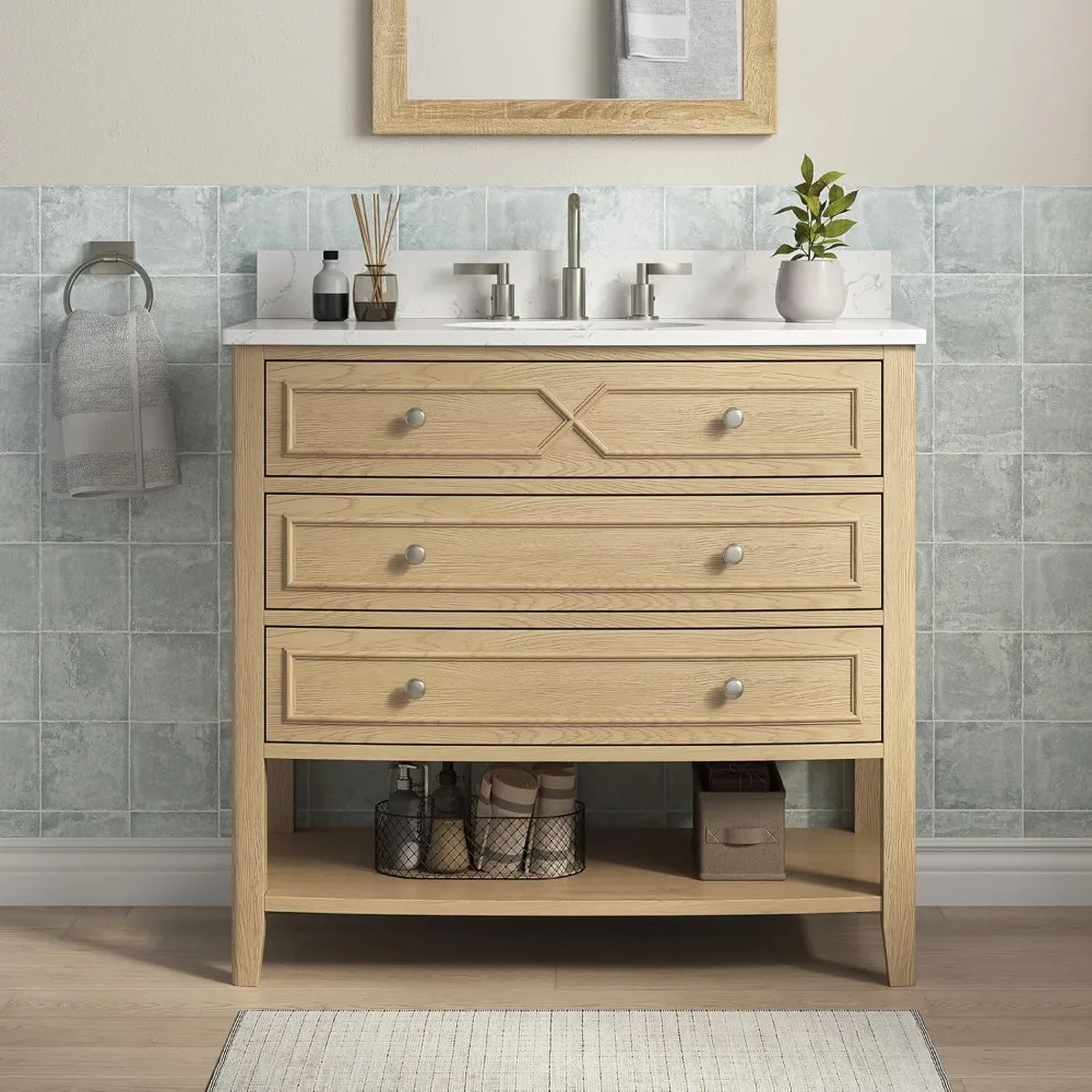 

36 Inch Bathroom Vanity with Ceramic Sink,Fully Assembled Sink Cabinet with Countertop, Wood Frame Vanity with Soft-Closing Draw