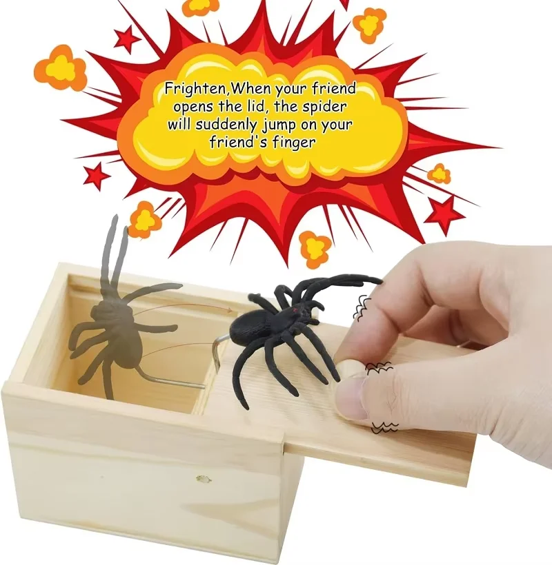 Spider Prank Box Pop Out Rubber Spider Handmade Wood Scare Box Party Game Surprise Joke Funny Trick Toy for Kids Halloween Gift