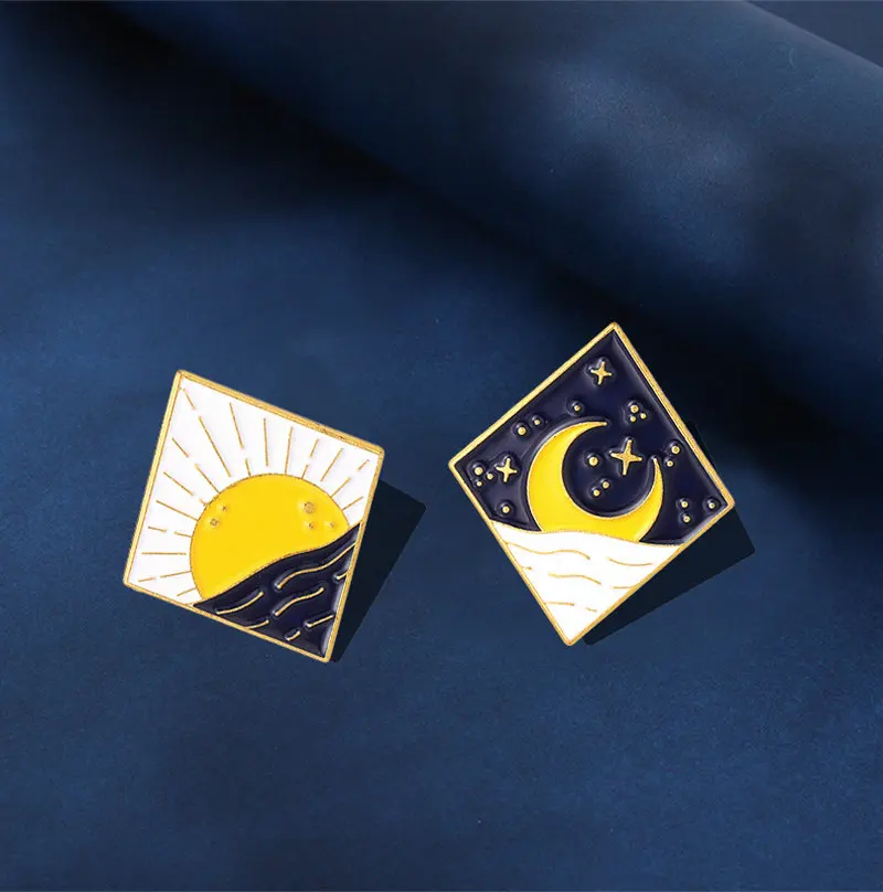 Sun and Moon Landscape Enamel Pins Couples Day and Night Brooch Lapel Badge Outdoors Camping Jewelry Gift for Kids Friends