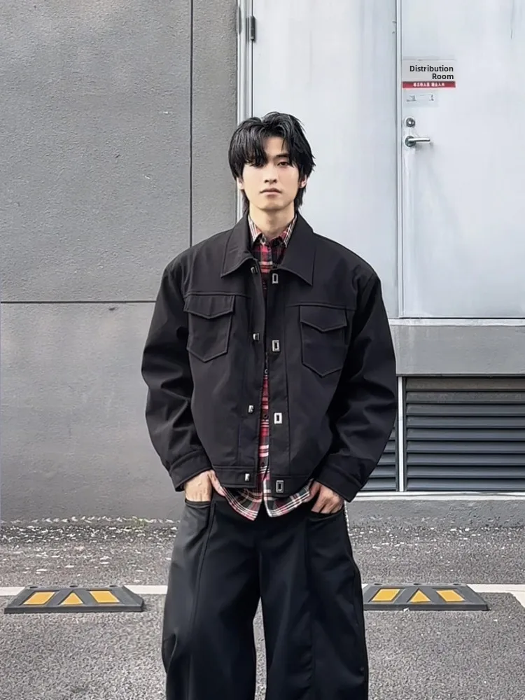 

Spring 2026 Men's Loose Fit Metal Lock Jacket Black Retro Style Workwear Coat Long Sleeve Flip Collar Polyester Fiber