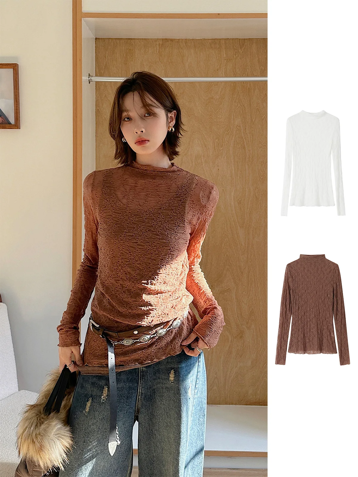 

Soft Lace Base irt T-irt High Ne Elastic Rerek Slim Fit Handpied Item from Dearso Cute Store Casual Sle Knitted Nylon