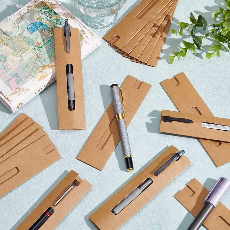50 Pcs Kraft Pen Gift Boxes Burlywood Slip-in Pen Packaging Box with Clear Window for Pencil Ballpoint Fountain Pen Display
