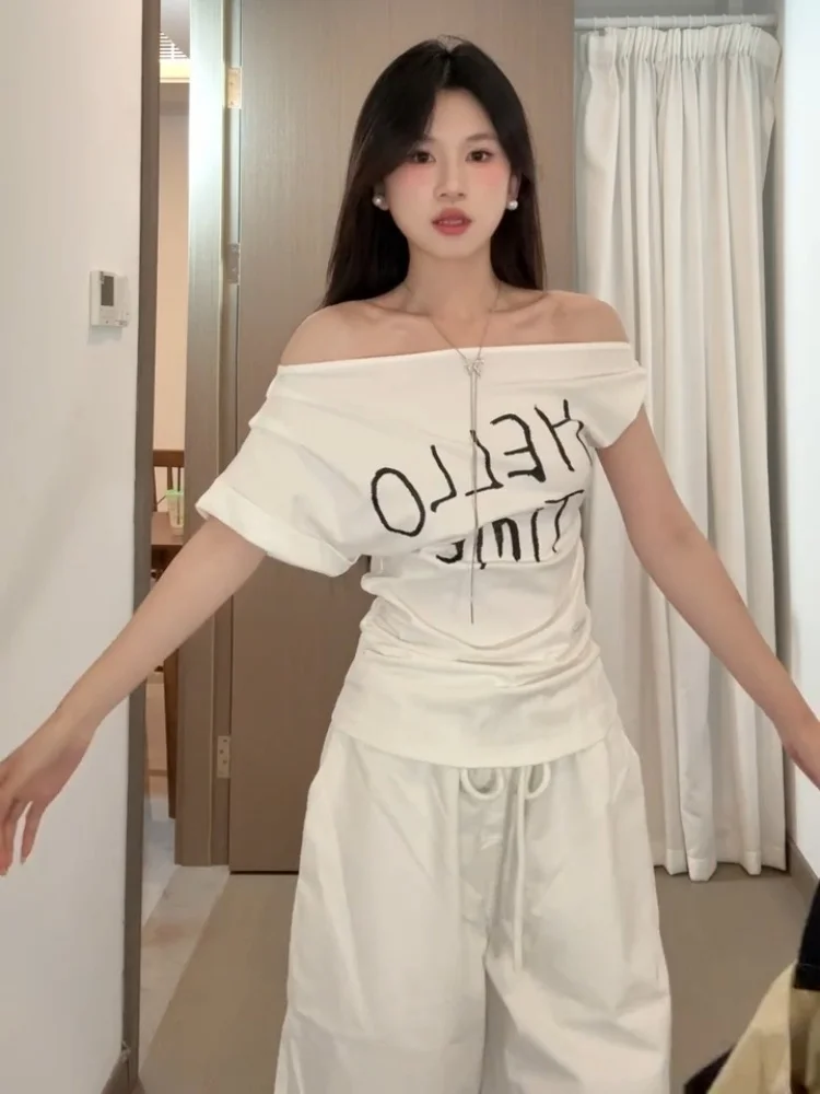 Sweet And Spicy American Sle Women's White oulder Slip Knot ort Sve T-irt Korean Slim Fit Letter Print Summer Top