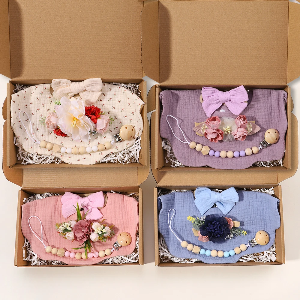 4Pcs/Set Flower Print Baby Bib Headband Elastic Nylon Hair Band Food Grade Silicone Beads Pacifier Clip Chain Gift Box for Baby