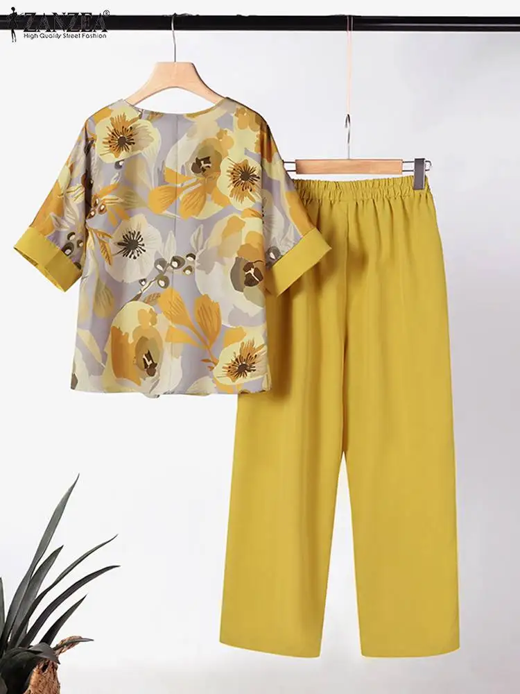 ZANZEA-Conjunto de pantalón y Blusa de manga corta para mujer, chándal con estampado de piezas, cuello redondo, informal, 2 piezas