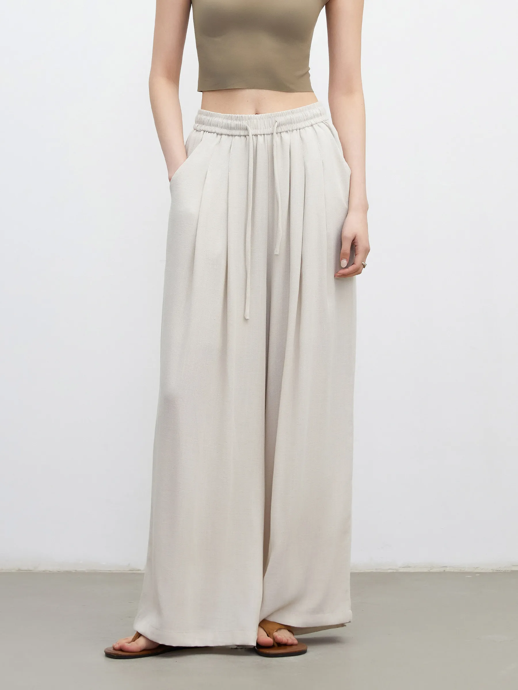 CHIC VEN Fashion Women Pant Loose Casual New High Waisted Drawstring Elastic Wide Leg Texture Female Pants Spring Summer 2026