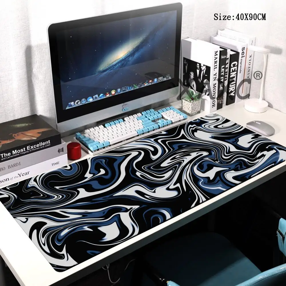 

Очень большой коврик для мыши, темно-синий и черный мрамор, водоворотная текстура, абстрактный серый жидкий мраморный художественный коврик для ноутбука