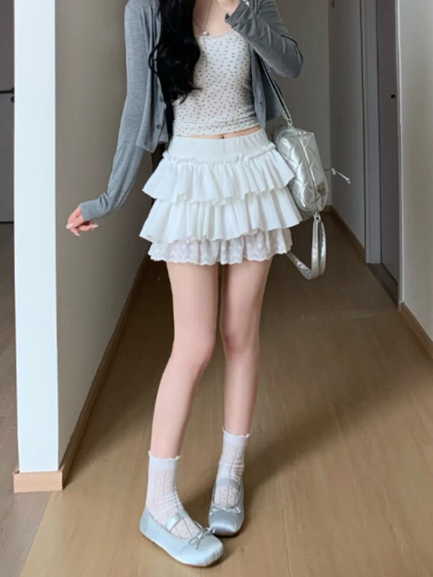 Pure Desire Lace Trim Puffy A-Line Short Skirt Women Summer Sweet Spicy White Half-length Skirt Ballet Style Cake Skirt