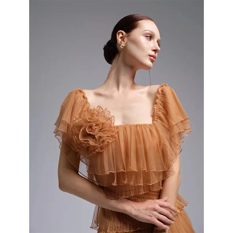 ผู้หญิง Slash คอปิดไหล่ชุดยาวฤดูใบไม้ผลิ Elegant Ruffle ชุดปาร์ตี้ฤดูร้อนแขนผีเสื้อ Boho Maxi ชุด